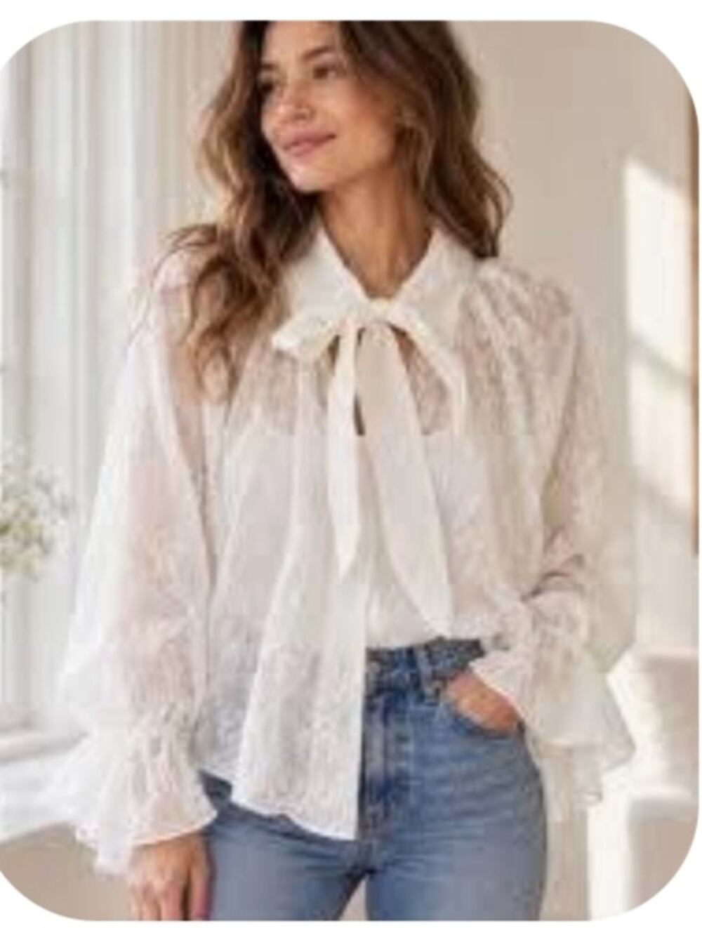 5982(Calligraphie Embroidery Jacquard Tie-Bow White Sheer Oversize Bouse M/L